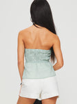 back view of model wearing Princess Polly Rosenberg Strapless Top Green Sleeveless Sweetheart 