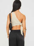 back view of model wearing Princess Polly Frankle Top Cream/black Sleeveless Asymmetric Neckline 