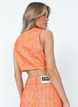 back view of model wearing Princess Polly The Ragged Priest Dummy Waistcoat Orange Sleeveless V-Neck 