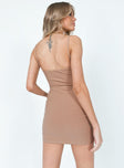 back view of model wearing Princess Polly Olga Mini Dress Beige Sweetheart Neckline 