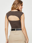 back view of model wearing Princess Polly Halia Bodysuit Brown Sleeveless Sweetheart 