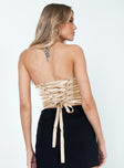 back view of model wearing Princess Polly Endless Love Satin Corset Top Champagne Sleeveless Sweetheart 