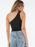 back view of model wearing Princess Polly Ranski One Shoulder Bodysuit Black Sleeveless Asymmetric Neckline 