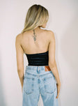 back view of model wearing Princess Polly Huttley Bodysuit Black Sleeveless Sweetheart 