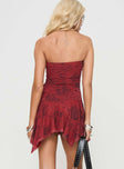 back view of model wearing Princess Polly Adonis Mini Dress Red Floral Straight Neck 