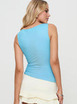 back view of model wearing Princess Polly Wonderful World Top Blue Sleeveless Boat Neck 