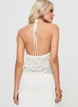 back view of model wearing Princess Polly Tahlia-marie Crochet Top White Sleeveless Plunger 