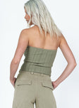 back view of model wearing Princess Polly Belle Knit Strapless Top Khaki Sleeveless Square Neck 