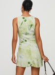 back view of model wearing Princess Polly Vivre Mini Dress Green Floral Crew Neck 