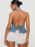 back view of model wearing Princess Polly Sequoia Top Denim Sleeveless Plunger 