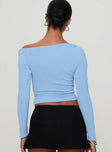 back view of model wearing Princess Polly Malian Long Sleeve Top Blue Full Sleeves Asymmetric Neckline 