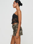   side view of model wearing Princess Polly Zakai Cargo Denim Mini Skirt Camo Mini Skirts 