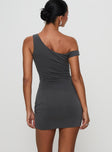 back view of model wearing Princess Polly True Desires Off The Shoulder Mini Dress Grey Asymmetric Neckline 