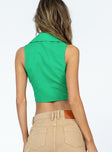 back view of model wearing Princess Polly Hutington Top Green Sleeveless Plunger 