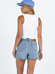 back view of model wearing Princess Polly Tropicana Shorts Denim Lower Impact High Waisted Shorts 