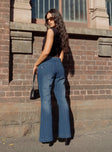 back view of model wearing Princess Polly Ralbartia Stripe Belted Jeans Mid Wash Mid Rise 