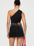 back view of model wearing Princess Polly Jellicoe Spliced Denim Skirt Black Wash Mini Skirts 