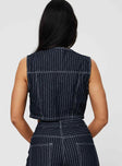 Front view of model wearing  front Princess Polly Sleeveless High Neck  Rathlyn Pinstripe Vest Dark Denim