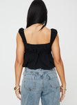 back view of model wearing Princess Polly Contardo Short Sleeve Top Black Sleeveless Sweetheart 