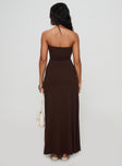 Front view of model wearing  front Princess Polly Straight Neck  Bellaire Strapless Maxi Dress Brown