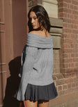 back view of model wearing Princess Polly Snowie Off Shoulder Knit Sweater Grey Long 