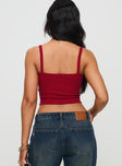 back view of model wearing Princess Polly Essentials Ruched Rib Cami Top Red Sleeveless Sweetheart 