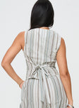 back view of model wearing Princess Polly Flutters Vest Top White / Blue Stripe Sleeveless V-Neck 