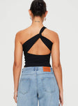 back view of model wearing Princess Polly Seema Bodysuit Black Sleeveless Asymmetric Neckline 