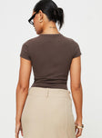 back view of model wearing Princess Polly Harlea Bodysuit Brown Short Sleeves Crew Neck 