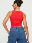 back view of model wearing Princess Polly Pacific Royal Tank Top Red Sleeveless Crew Neck 