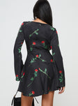 back view of model wearing Princess Polly Heartfelt Long Sleeve Mini Dress Black Boat Neck 