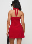 back view of model wearing Princess Polly Mallorie Halter Mini Dress Red Scoop Neck 