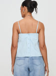 back view of model wearing Princess Polly Trapeze Strapless Top Blue Sleeveless Square Neck 