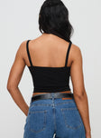 back view of model wearing Princess Polly Essentials Ruched Rib Cami Top Black Sleeveless Sweetheart 