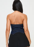 back view of model wearing Princess Polly Curl Curl Strapless Denim Top Dark Wash Sleeveless straight 