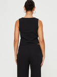 back view of model wearing Princess Polly Momo Vest Top Black Sleeveless Plunger 