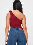 back view of model wearing Princess Polly Pillai One Shoulder Top Red Sleeveless Asymmetric Neckline 