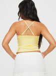 back view of model wearing Princess Polly Satina Top Yellow Sleeveless V-Neck 