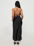 back view of model wearing Princess Polly Elwen Lace Maxi Dress Black V-Neck 