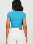 back view of model wearing Princess Polly Baseline Square Neck Rib Top Blue Short Sleeves Square Neck 