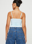 back view of model wearing Princess Polly Cinq Cami Top Baby Blue Sleeveless V-Neck 