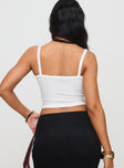 back view of model wearing Princess Polly Essentials Ruched Rib Cami Top White Sleeveless Sweetheart 