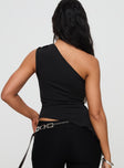 back view of model wearing Princess Polly Vulnerable One Shoulder Top Black Sleeveless Asymmetric Neckline 