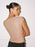 back view of model wearing Princess Polly Crystal Clear Mesh Top Rose Gold Short Sleeves High Neck 