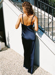 back view of model wearing Princess Polly Aphrodyte Lace Maxi Dress Navy Plunger 