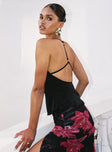 back view of model wearing Princess Polly Floresta Razor Back Halter Top Black Sleeveless Plunger 