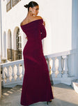 side view of model wearing Princess Polly Cecilia Off The Shoulder Maxi Dress Wine V-Neck 