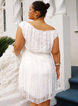 back view of model wearing Princess Polly Breezy Off The Shoulder Mini Dress White Curve Plunger 