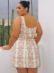 back view of model wearing Princess Polly Maris Mini Dress Cream / Pink Curve Square Neck 