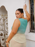 back view of model wearing Princess Polly Auralia Asymmetric Knit Top Blue / Cream Curve Sleeveless Crew Neck 